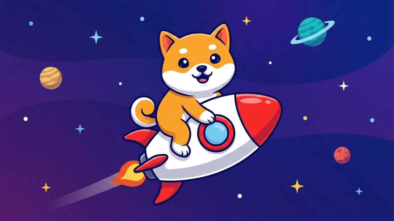 Baby Doge riding a rocket through space