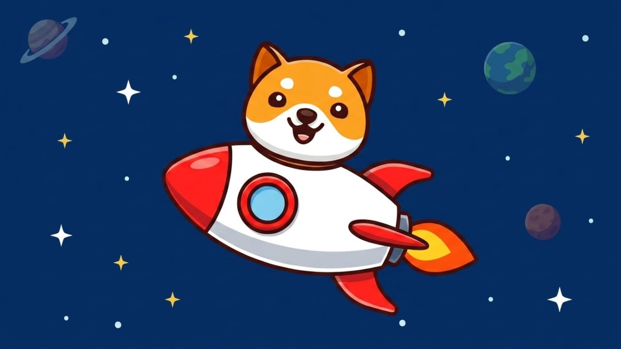 Baby Doge blasting off on a red rocket